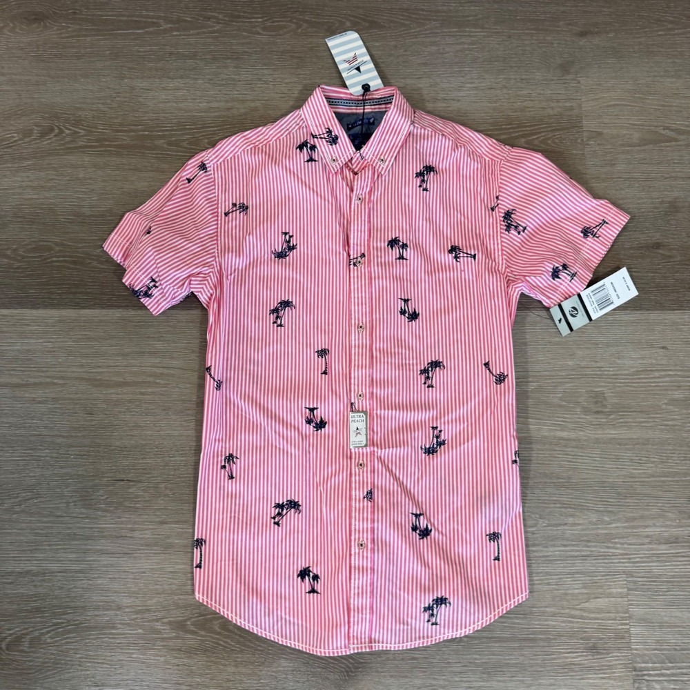 NWT Drill Clothing Stars & Stripes Shirt Mens Med Pink Striped Palm Tree
